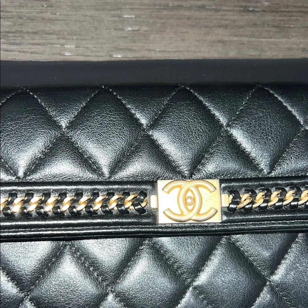 RARE!! Chanel Black and Gold Quilted distressed chain flap wallet